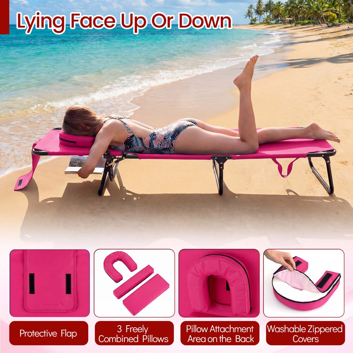 Folding Face Down Tanning Chair with Face Hole 3 Removable Pillows-Pink view 6