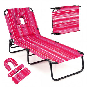 Folding Face Down Tanning Chair with Face Hole 3 Removable Pillows-Pink Stripe