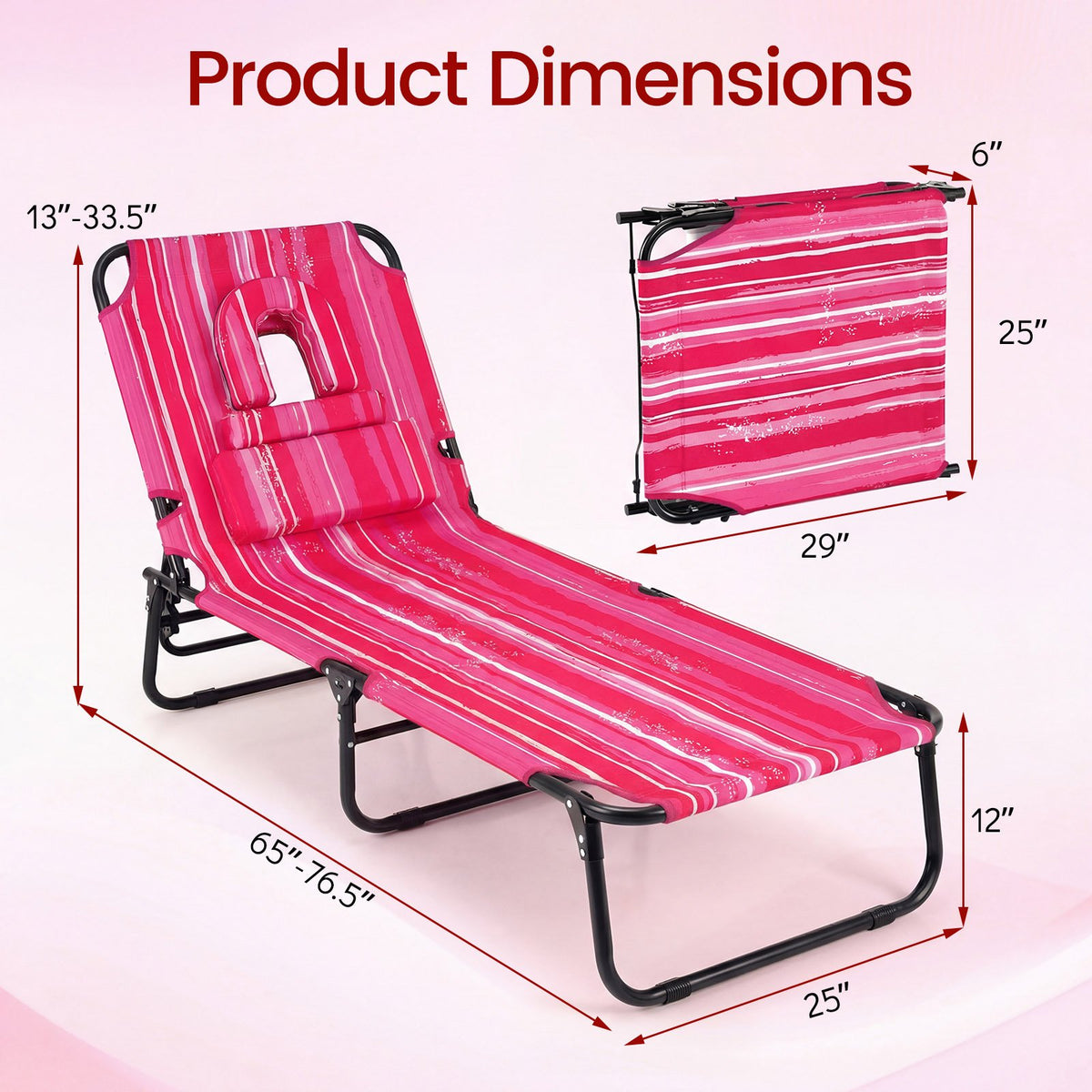 Folding Face Down Tanning Chair with Face Hole 3 Removable Pillows-Pink Stripe view 4