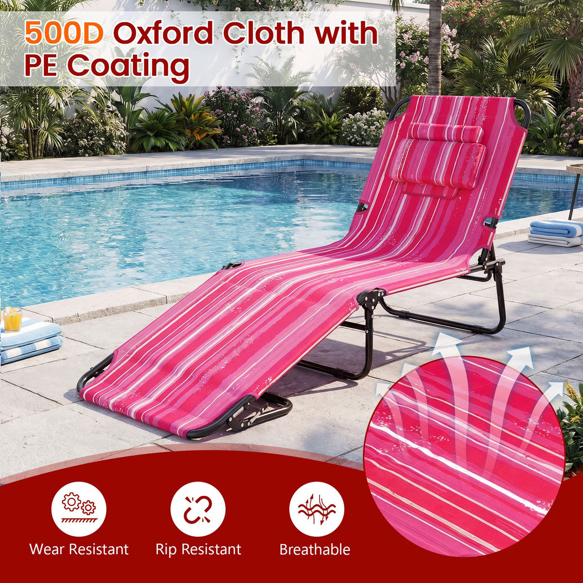 Folding Face Down Tanning Chair with Face Hole 3 Removable Pillows-Pink Stripe view 5