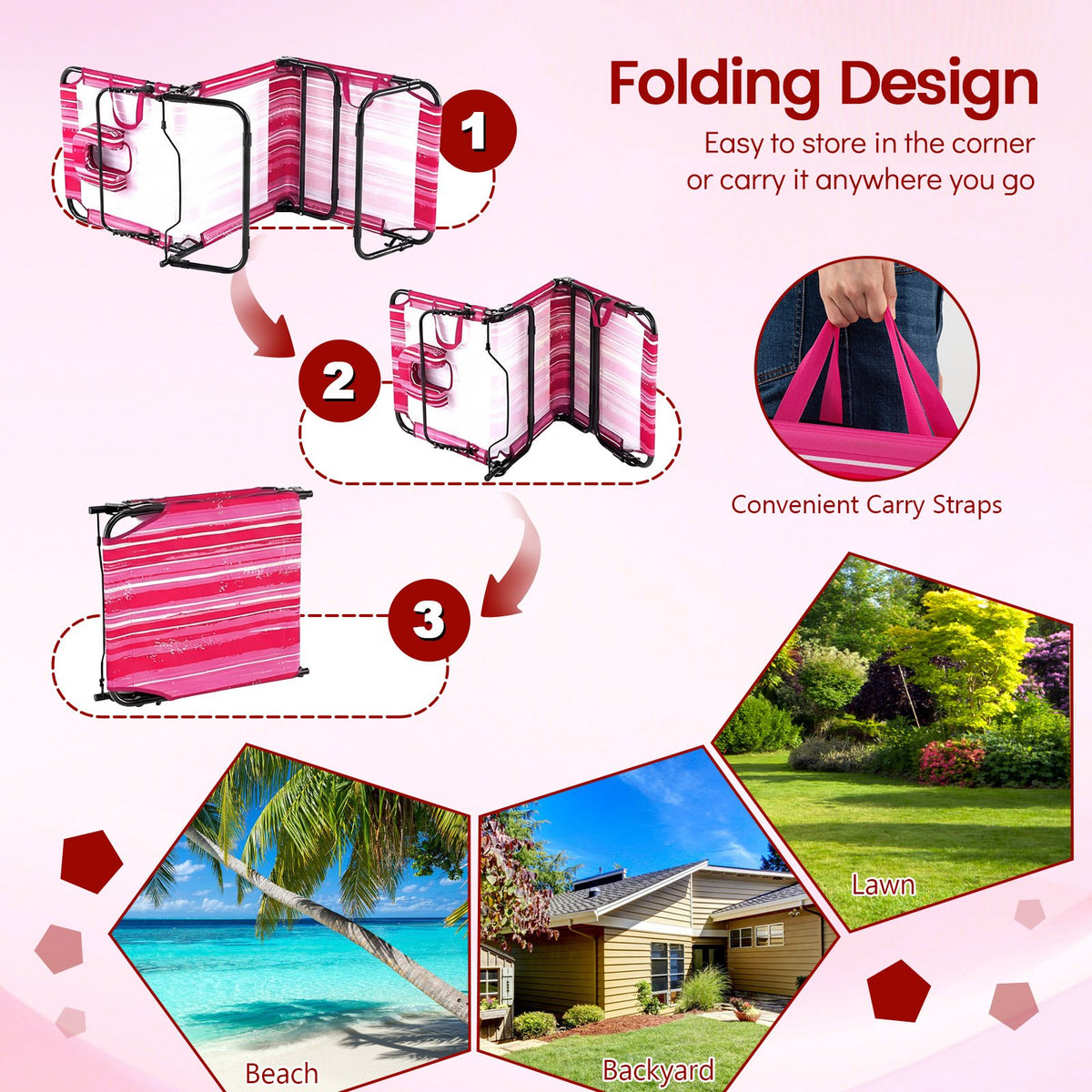 Folding Face Down Tanning Chair with Face Hole 3 Removable Pillows-Pink Stripe view 9
