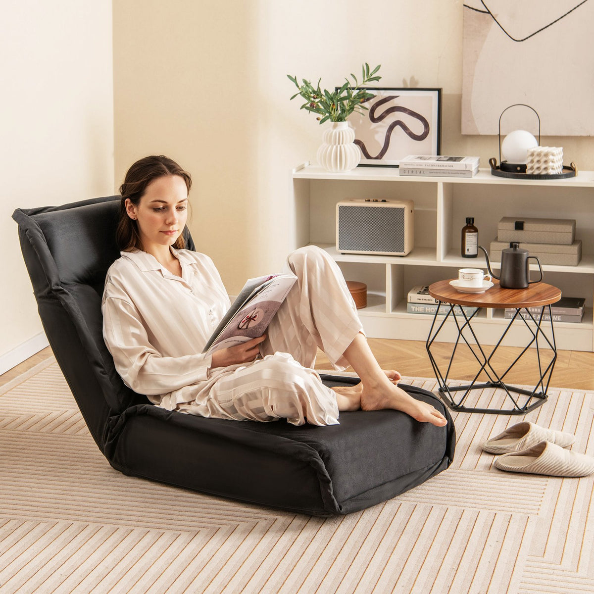 Folding Floor Chair Convertible Lazy Chair with 14-Poistion Adjustable Backrest-Black view 2