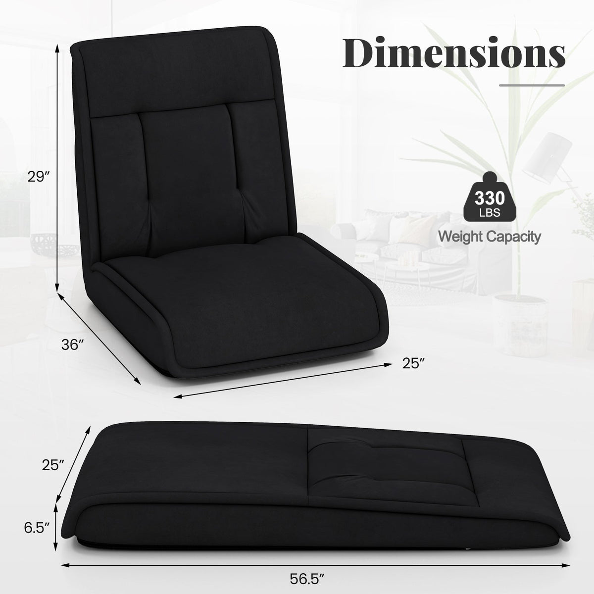 Folding Floor Chair Convertible Lazy Chair with 14-Poistion Adjustable Backrest-Black view 5