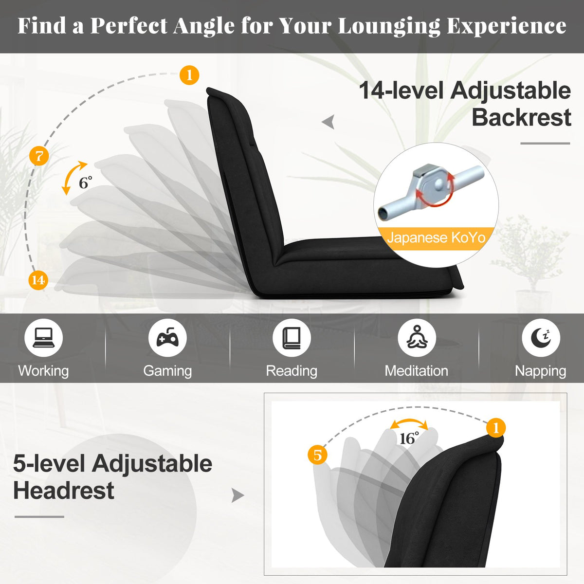 Folding Floor Chair Convertible Lazy Chair with 14-Poistion Adjustable Backrest-Black view 6