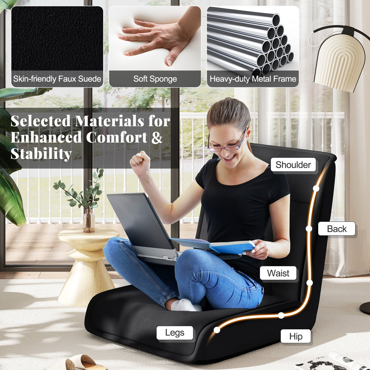 Folding Floor Chair Convertible Lazy Chair with 14-Poistion Adjustable Backrest-Black view 7