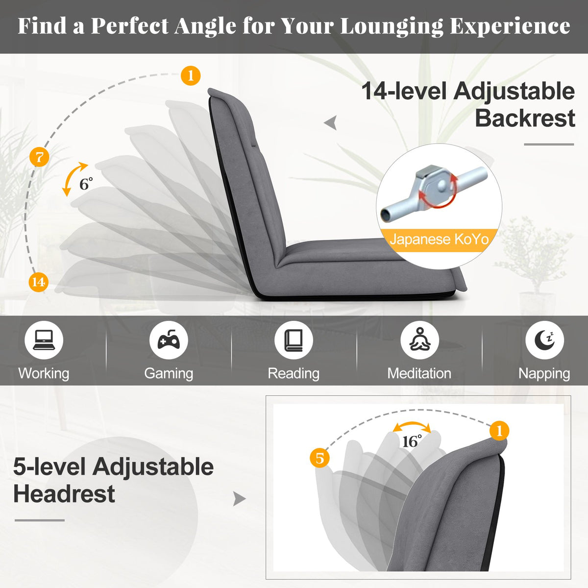 Folding Floor Chair Convertible Lazy Chair with 14-Poistion Adjustable Backrest-Gray view 6