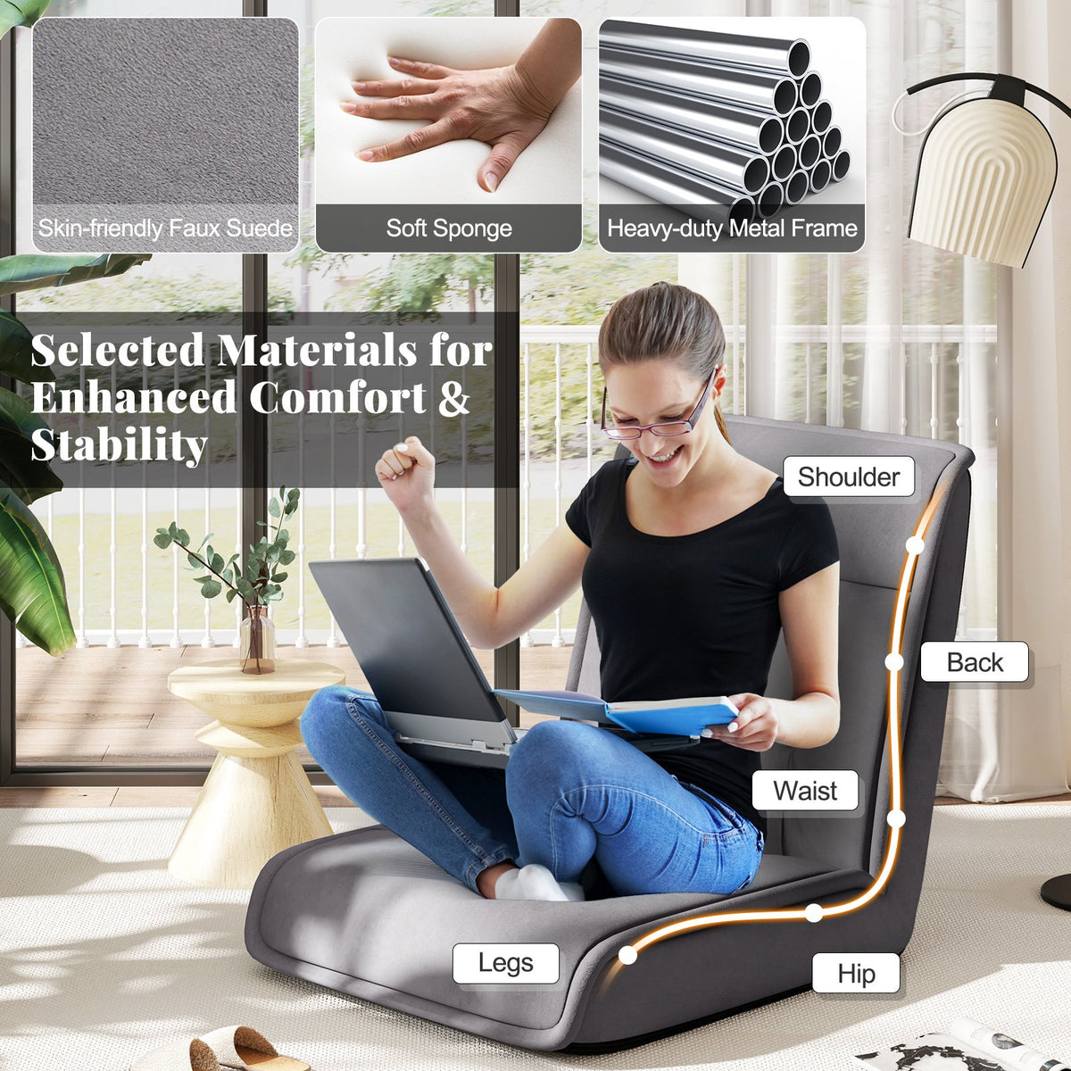 Folding Floor Chair Convertible Lazy Chair with 14-Poistion Adjustable Backrest-Gray view 7