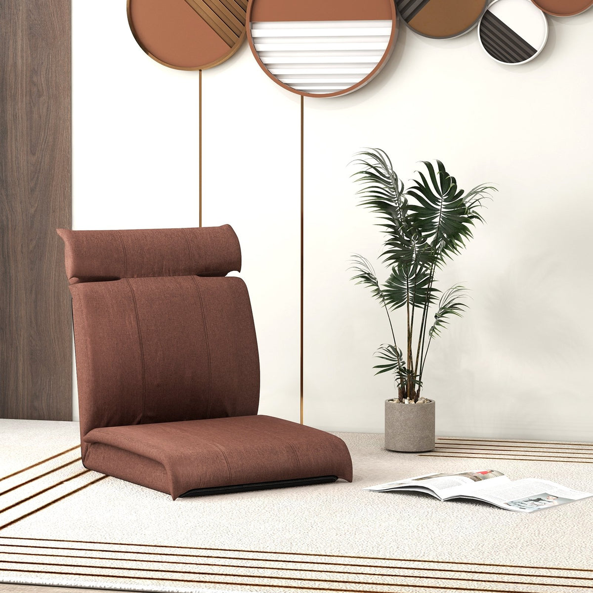 Folding Floor Chair with 14-Poistion Adjustable Backrest and 5-Position Adjustable Headrest-Brown view 2
