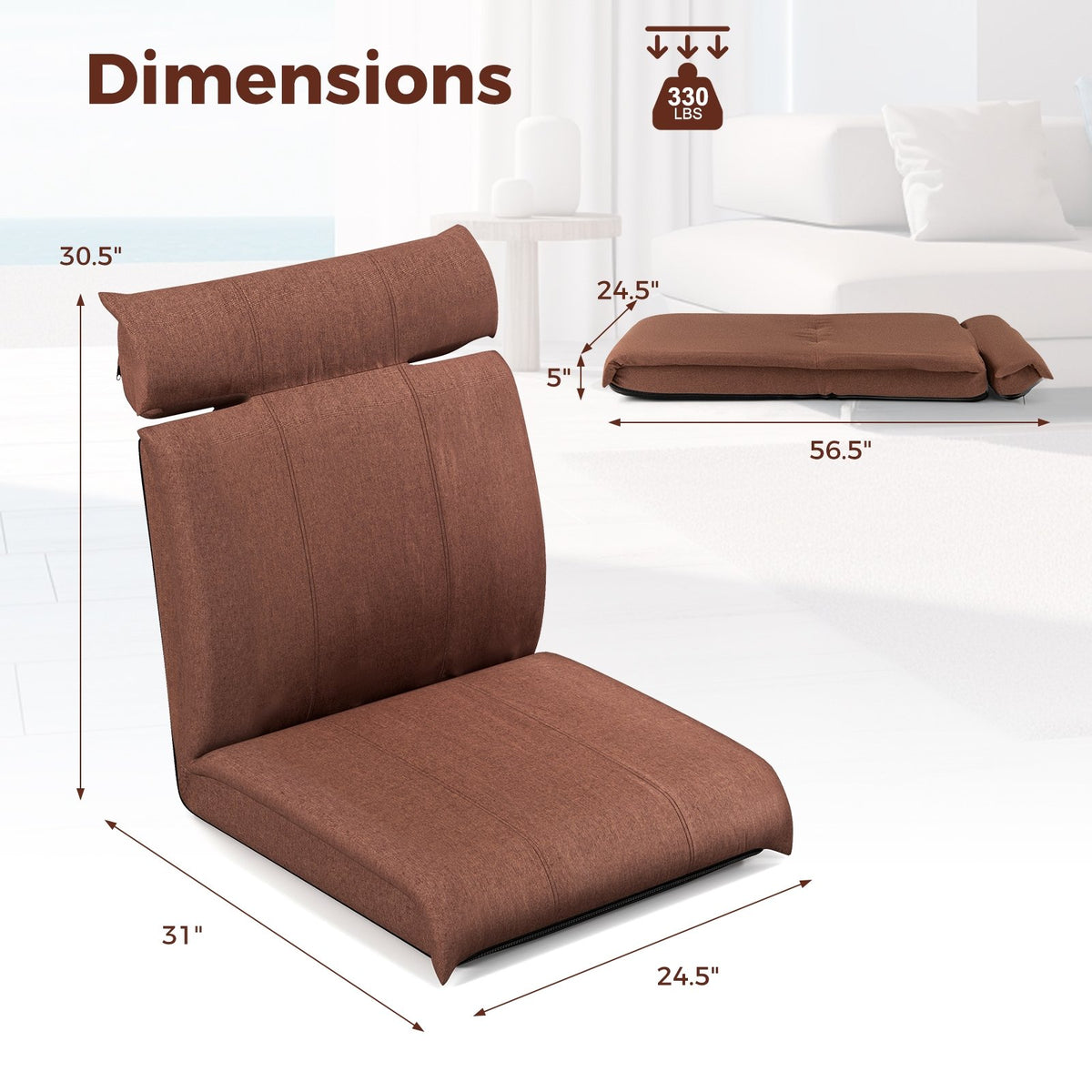 Folding Floor Chair with 14-Poistion Adjustable Backrest and 5-Position Adjustable Headrest-Brown view 5