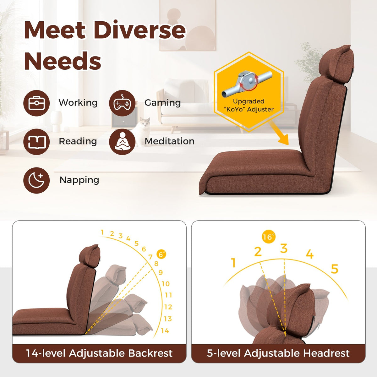 Folding Floor Chair with 14-Poistion Adjustable Backrest and 5-Position Adjustable Headrest-Brown view 6