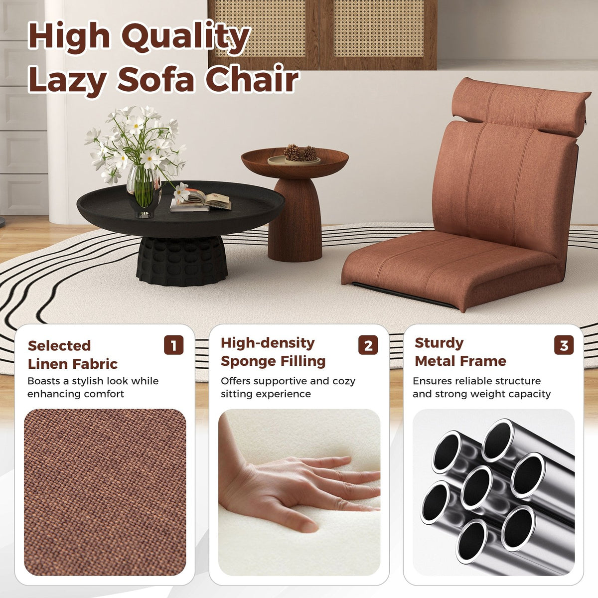 Folding Floor Chair with 14-Poistion Adjustable Backrest and 5-Position Adjustable Headrest-Brown view 7