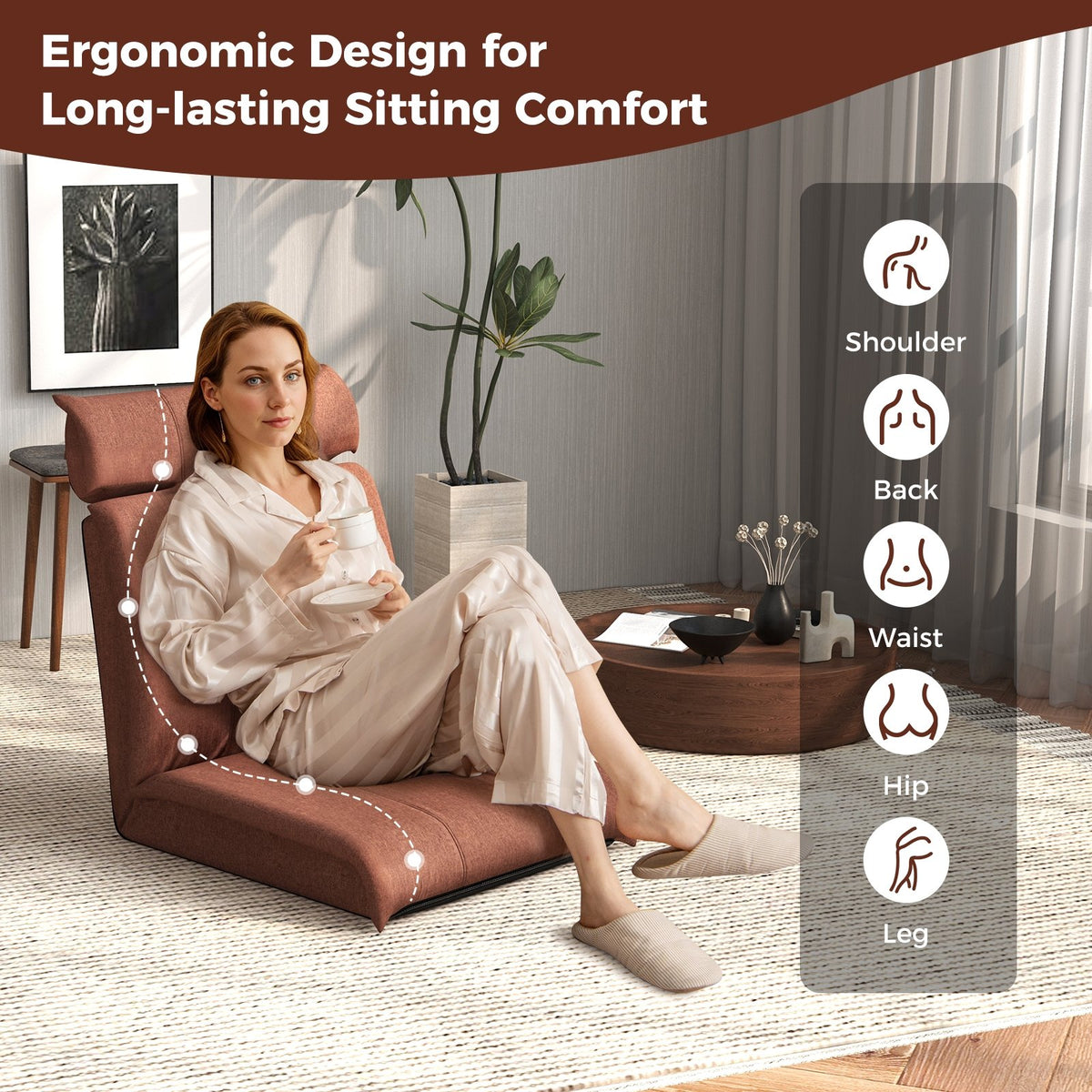 Folding Floor Chair with 14-Poistion Adjustable Backrest and 5-Position Adjustable Headrest-Brown view 9