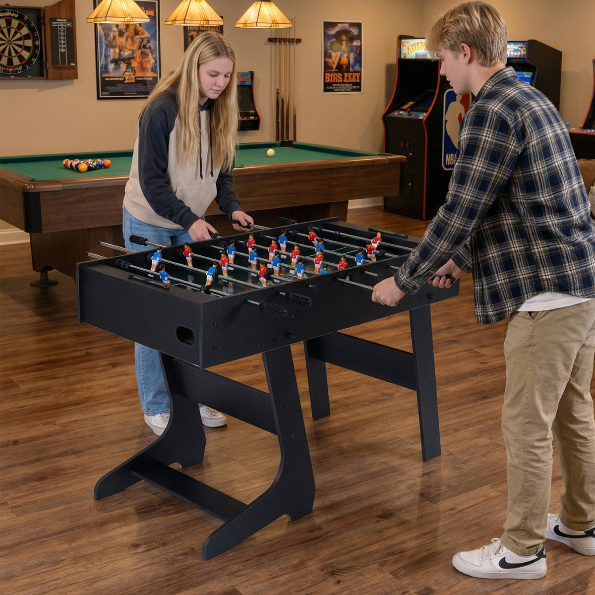Folding Foosball Table with 22 Players and Slide Scorers Space-Saving Game Table-Black view 2