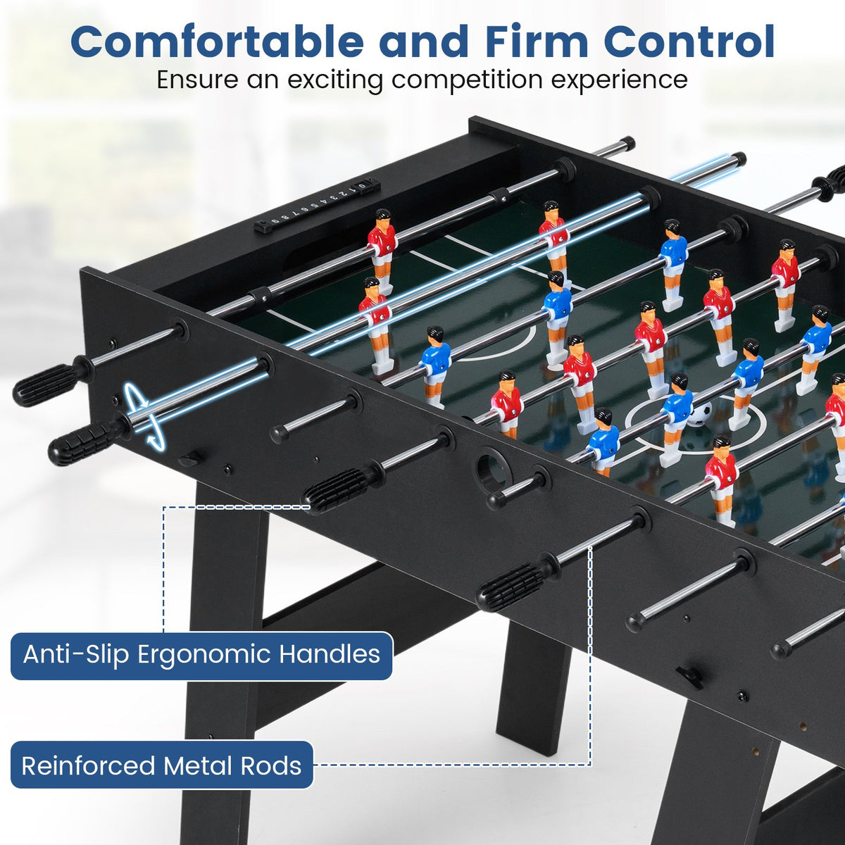 Folding Foosball Table with 22 Players and Slide Scorers Space-Saving Game Table-Black view 9