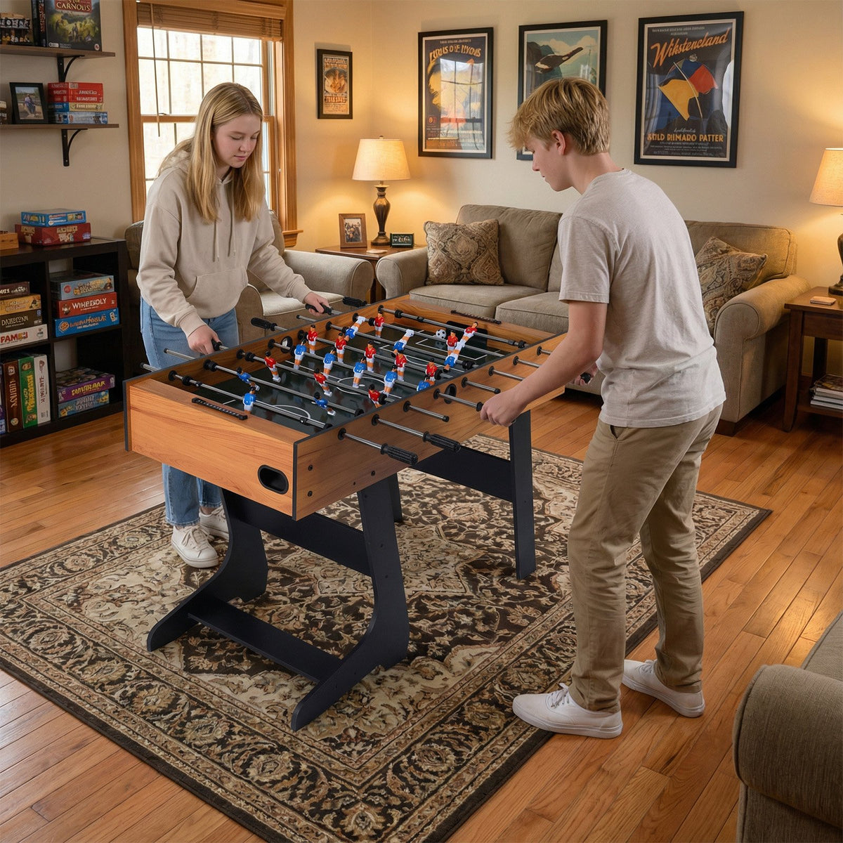 Folding Foosball Table with 22 Players and Slide Scorers Space-Saving Game Table-Natural view 3