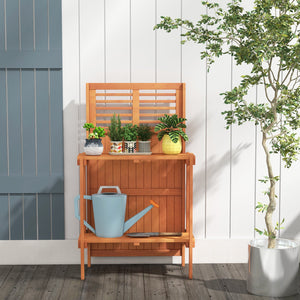 Folding Garden Potting Bench with 2-tier Storage Shelves and Teak Oil Finish for Garden Yard Balcony view 3