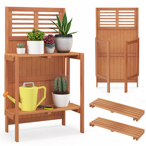 Folding Garden Potting Bench with 2-tier Storage Shelves and Teak Oil Finish for Garden Yard Balcony view 4