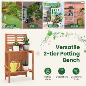 Folding Garden Potting Bench with 2-tier Storage Shelves and Teak Oil Finish for Garden Yard Balcony view 7