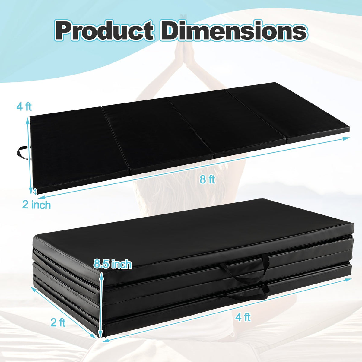 Folding Gymnastics Mat with Carry Handles and Sweatproof Detachable PU Leather Cover-Black view 4