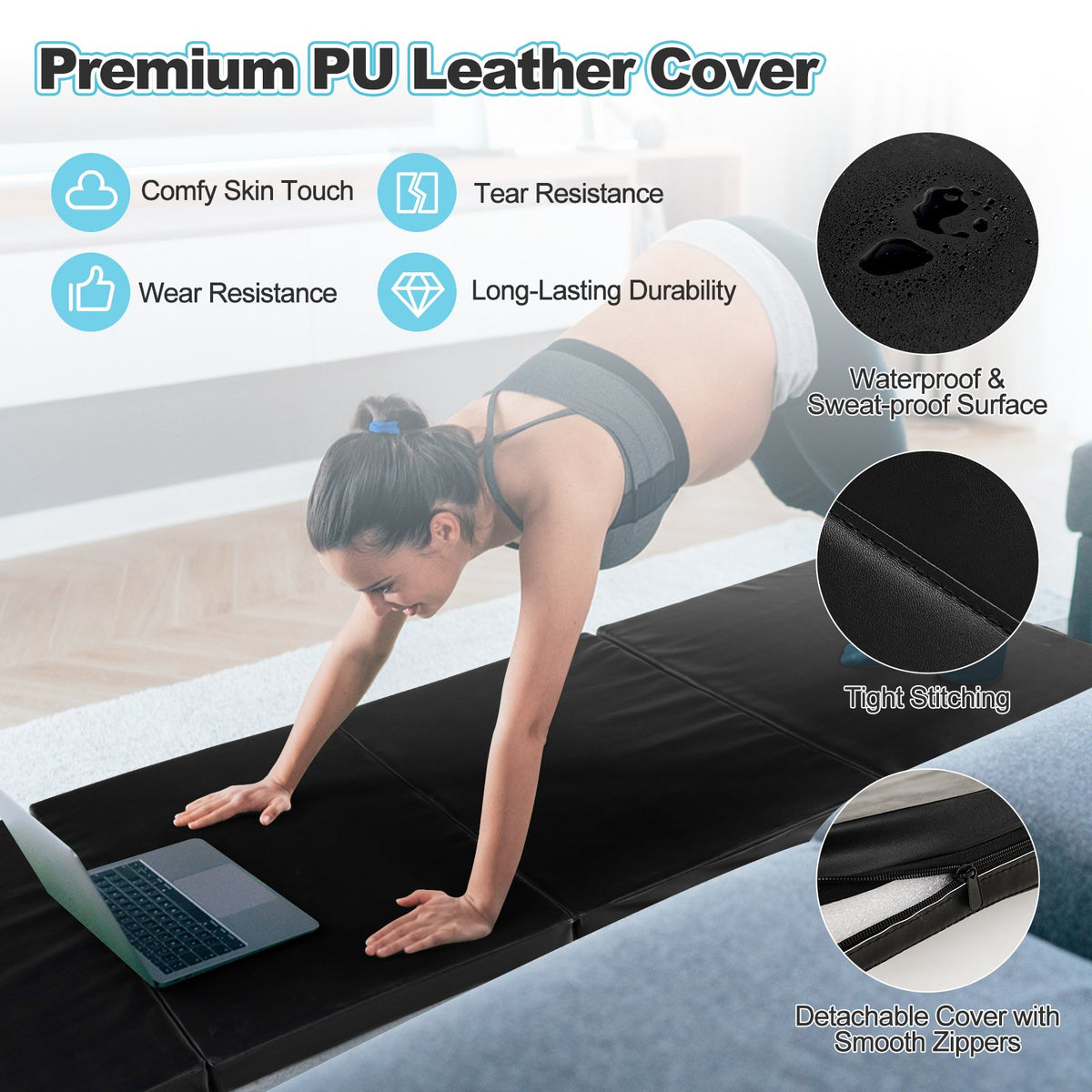 Folding Gymnastics Mat with Carry Handles and Sweatproof Detachable PU Leather Cover-Black view 6