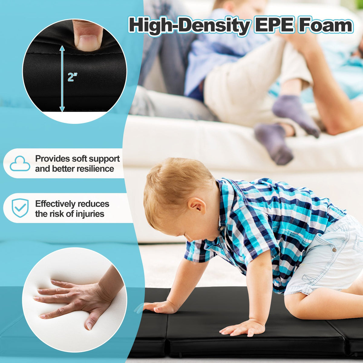 Folding Gymnastics Mat with Carry Handles and Sweatproof Detachable PU Leather Cover-Black view 7