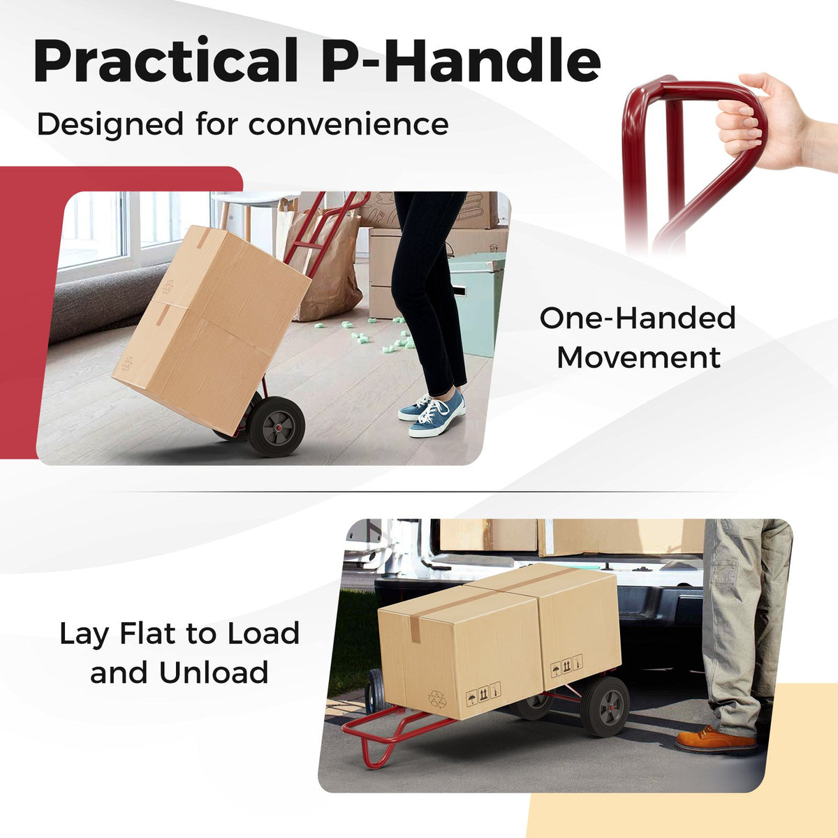 P-Handle Hand Truck with Foldable Load Plate for Warehouse Garage-Red view 9