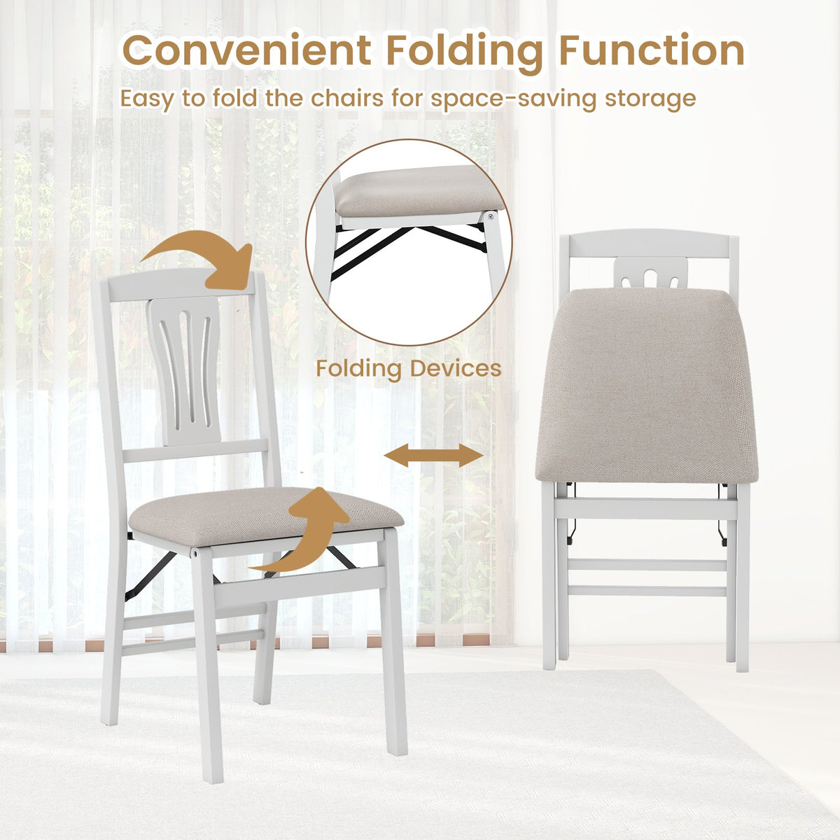 Folding Kitchen Chairs Set of 2 Upholstered Dining Chairs with Comfy Padded Seats-White view 5