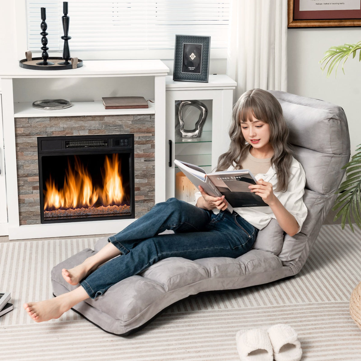 Folding Lazy Sofa Couch with Pillow-Gray view 6