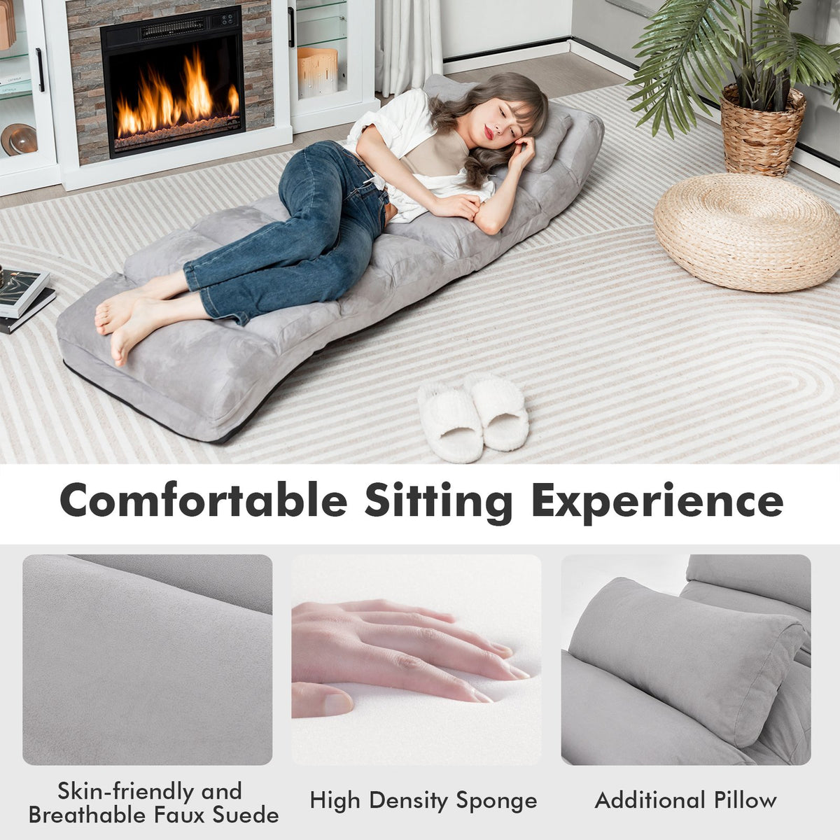 Folding Lazy Sofa Couch with Pillow-Gray view 9