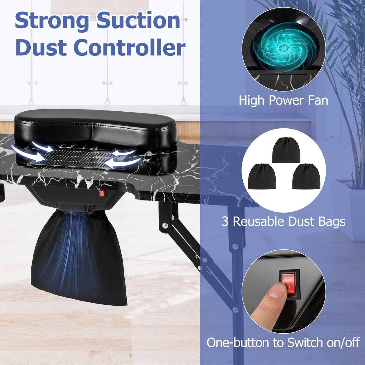 Folding Manicure Nail Table with Electric Dust Collector-Black view 8