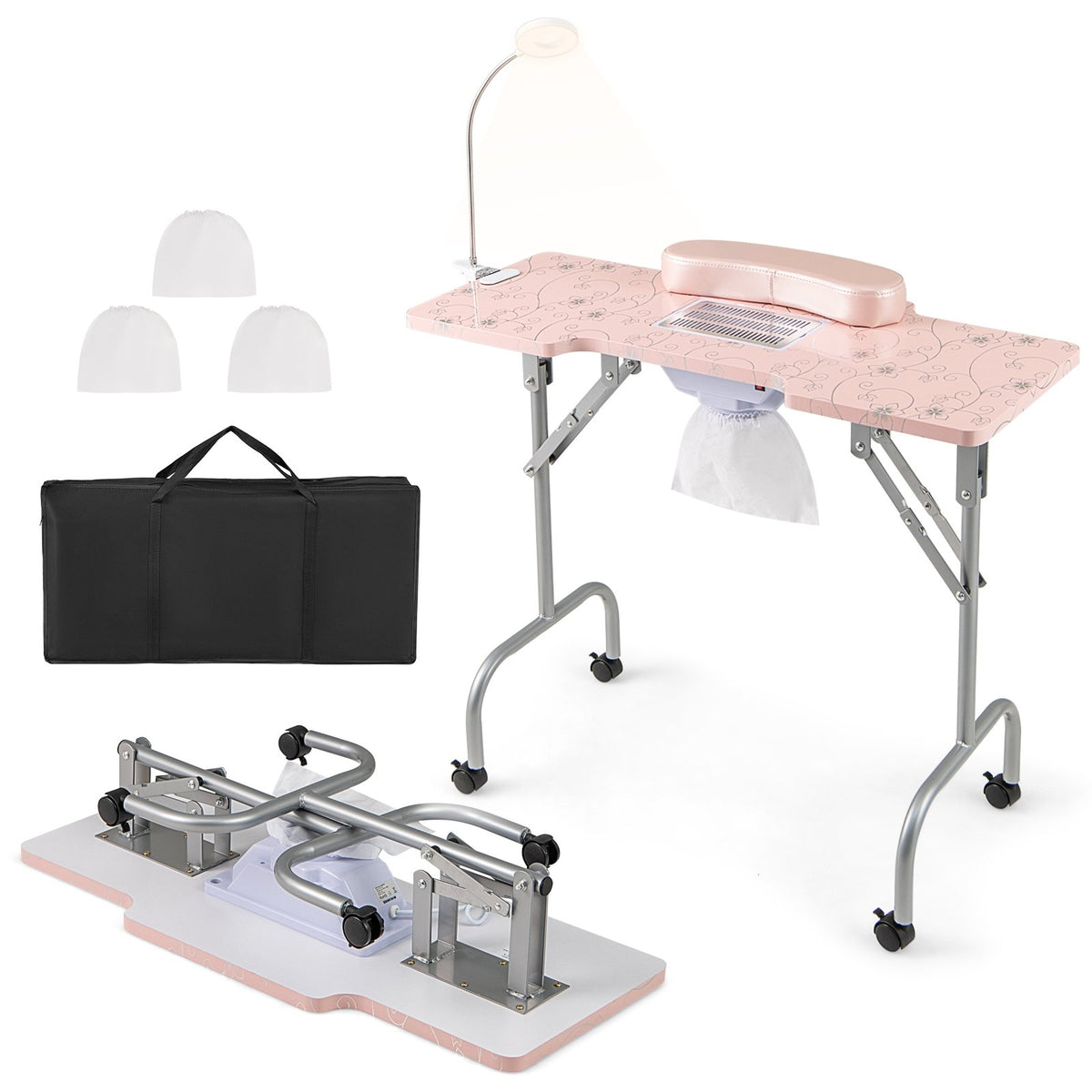 Folding Manicure Nail Table with Electric Dust Collector-Pink