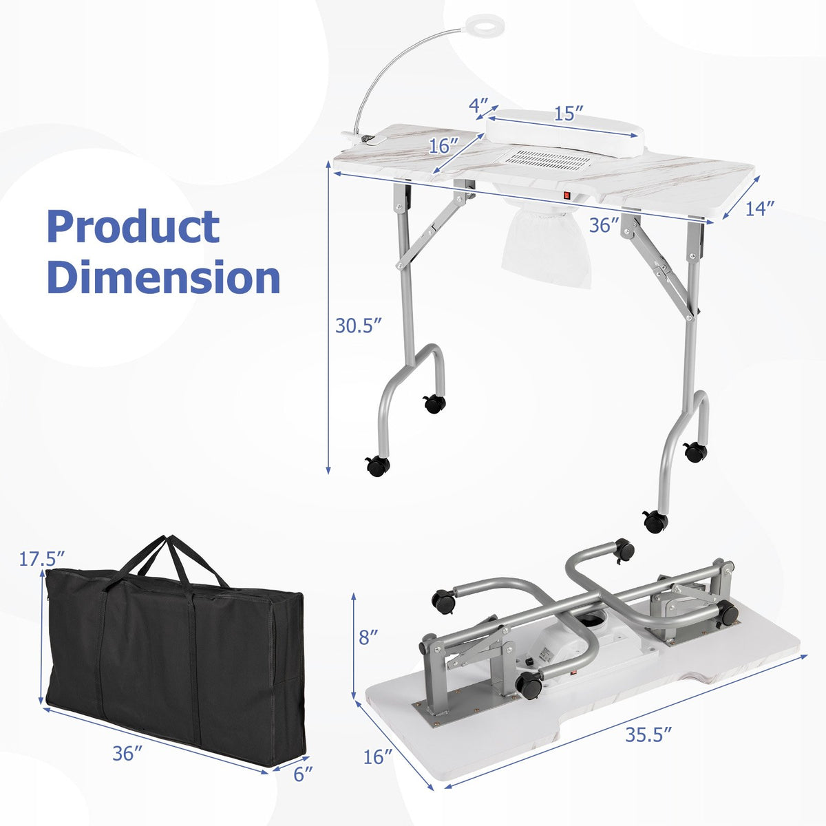 Folding Manicure Nail Table with Electric Dust Collector-White view 5