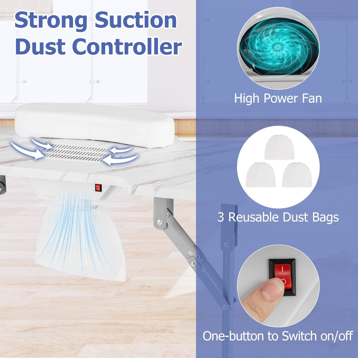 Folding Manicure Nail Table with Electric Dust Collector-White view 9