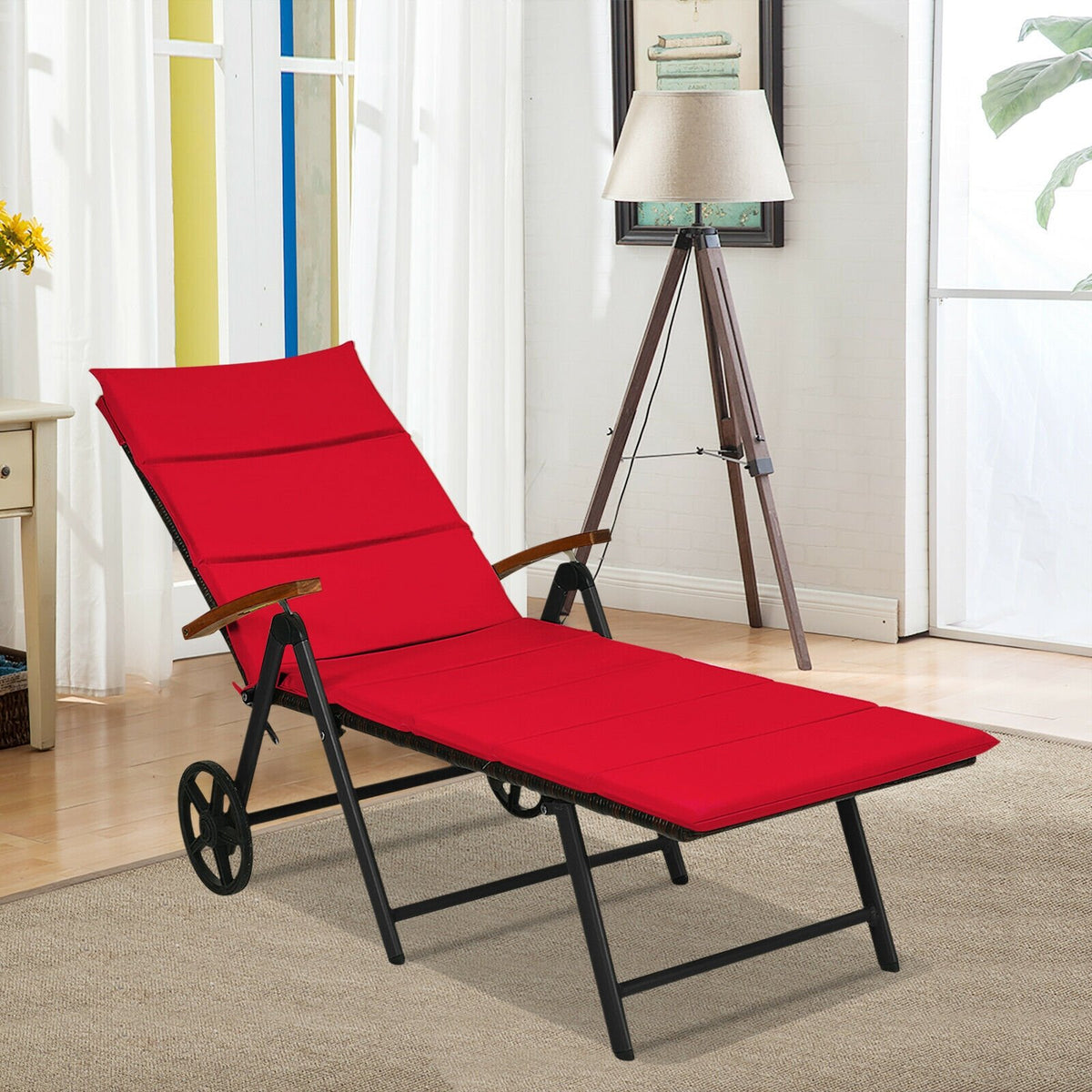 Folding Patio Rattan Lounge Chair with Wheels-Red view 2