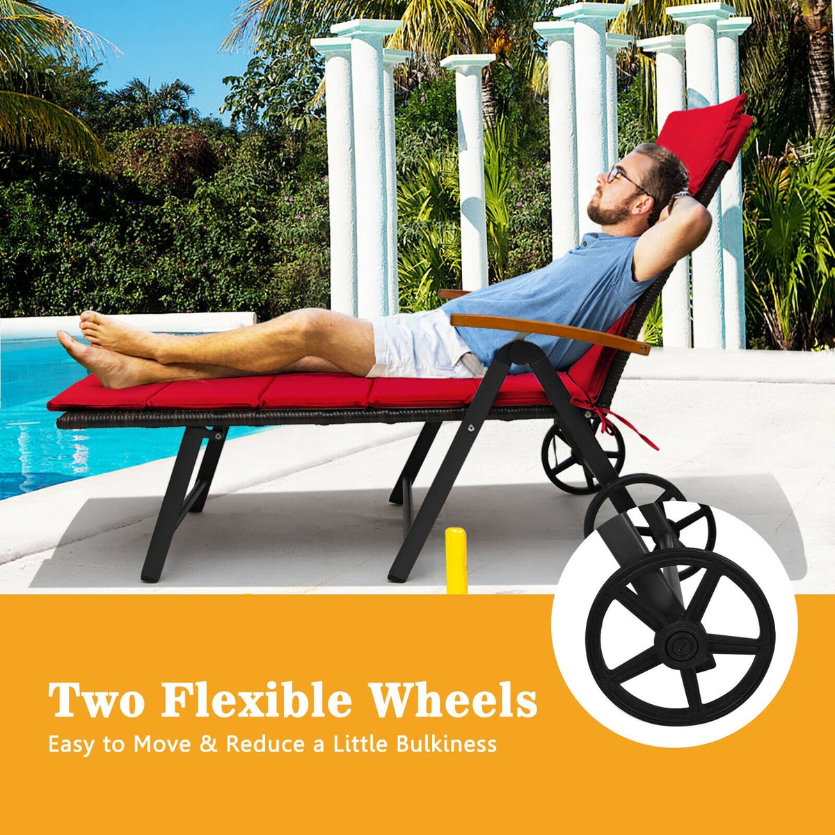 Folding Patio Rattan Lounge Chair with Wheels-Red view 3