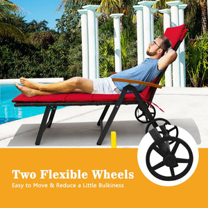 Folding Patio Rattan Lounge Chair with Wheels-Red view 3