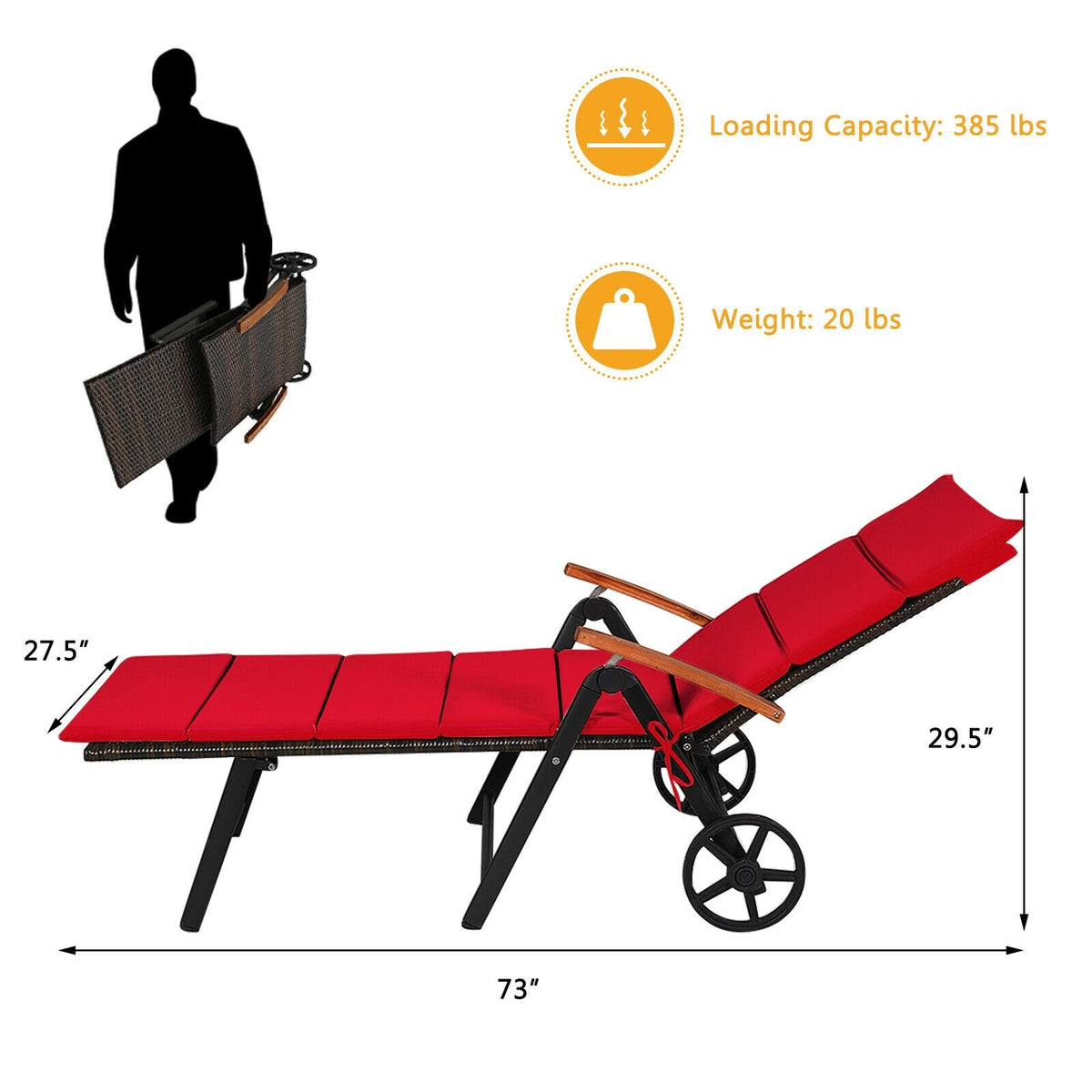 Folding Patio Rattan Lounge Chair with Wheels-Red view 4