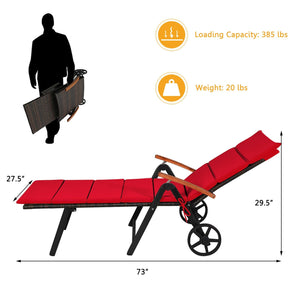 Folding Patio Rattan Lounge Chair with Wheels-Red view 4