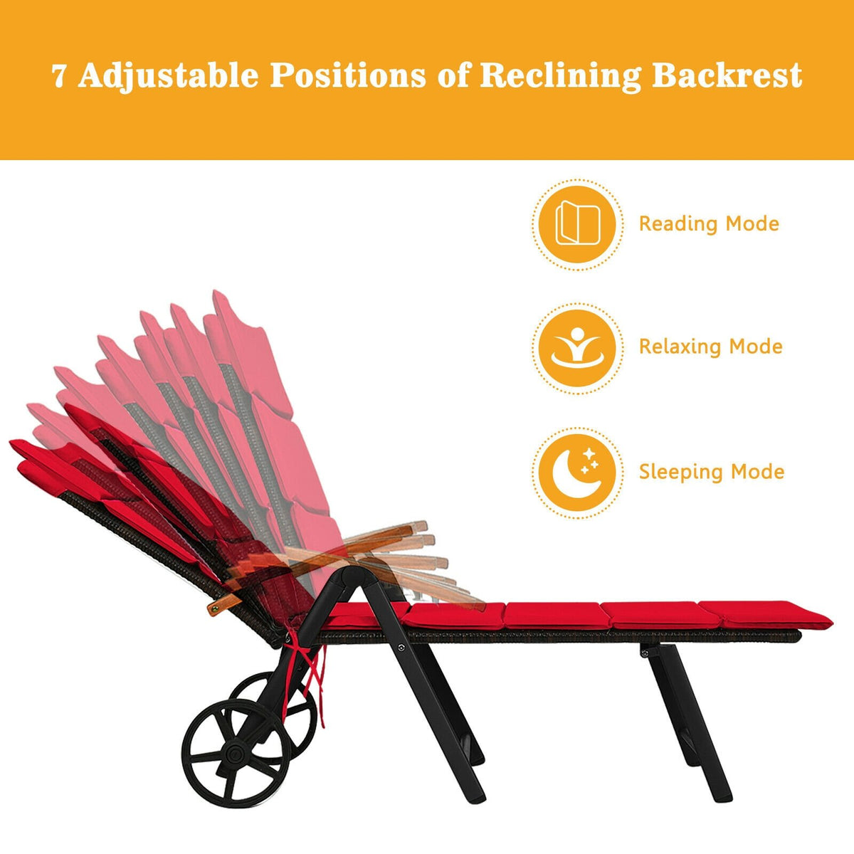 Folding Patio Rattan Lounge Chair with Wheels-Red view 5