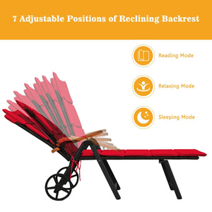 Folding Patio Rattan Lounge Chair with Wheels-Red view 5