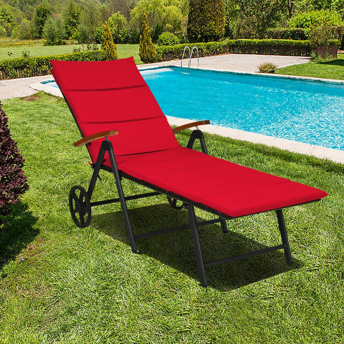 Folding Patio Rattan Lounge Chair with Wheels-Red view 6