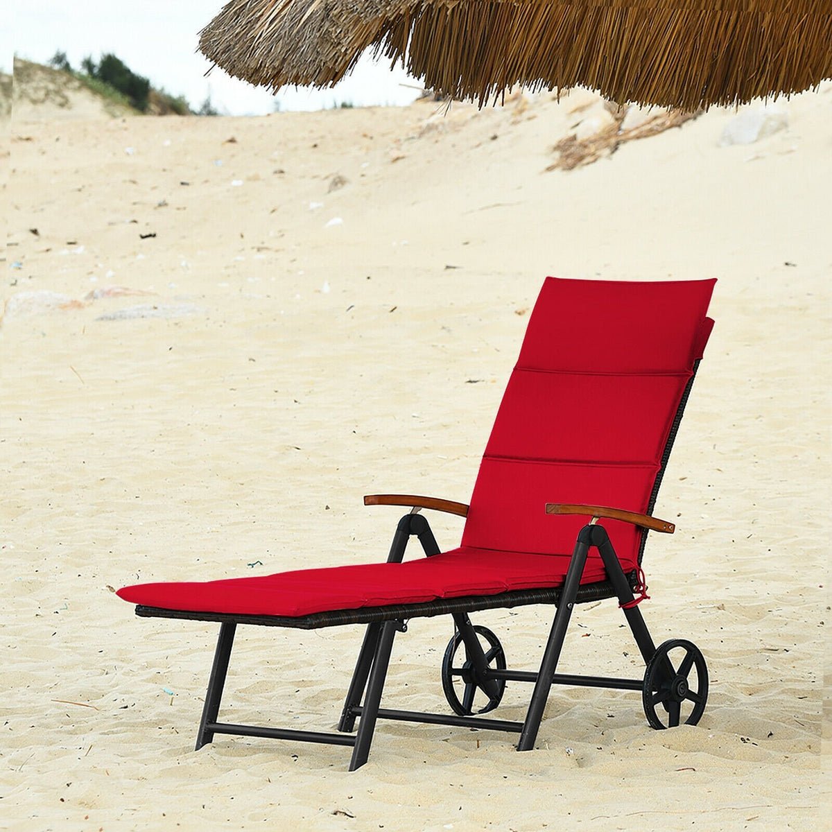 Folding Patio Rattan Lounge Chair with Wheels-Red view 7