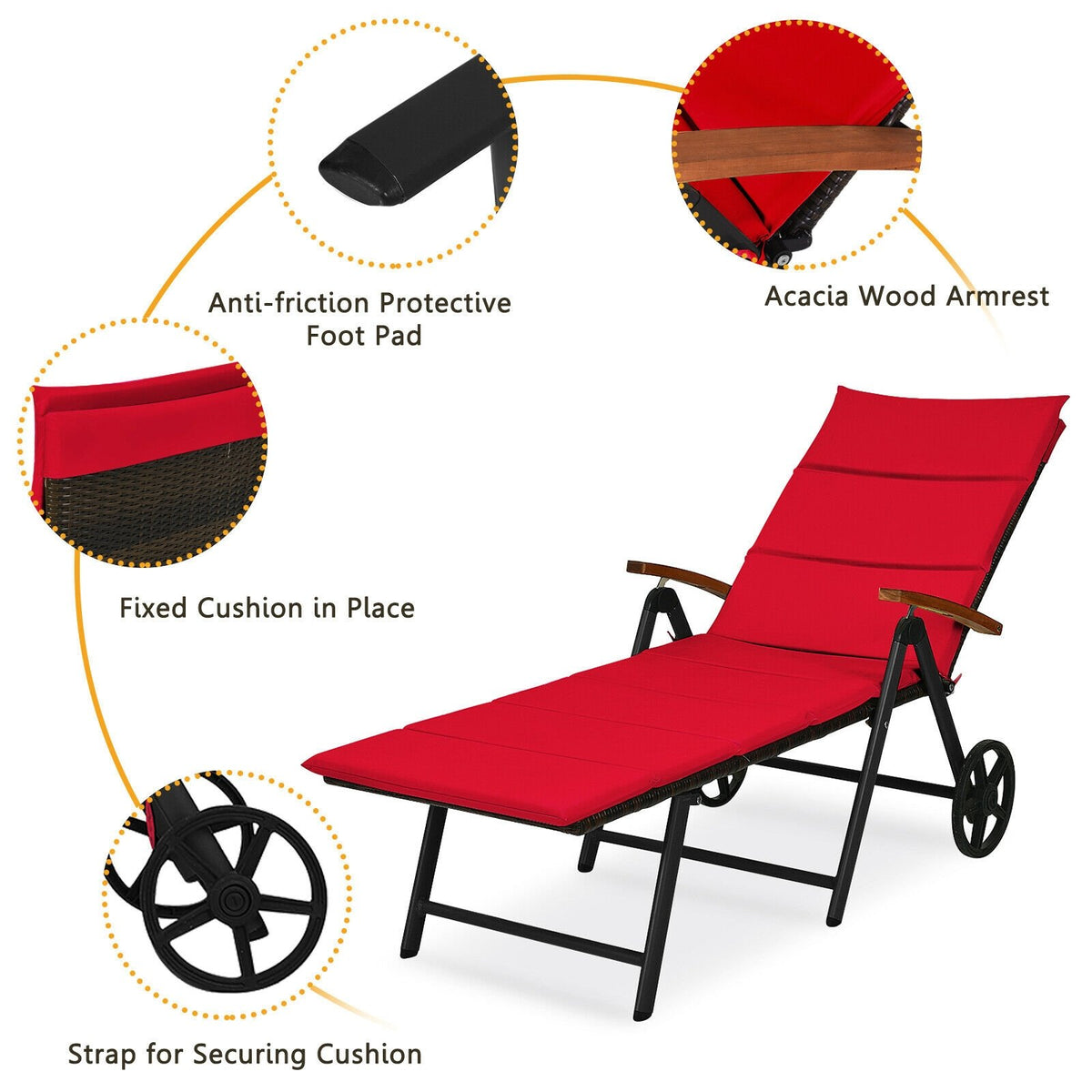Folding Patio Rattan Lounge Chair with Wheels-Red view 9