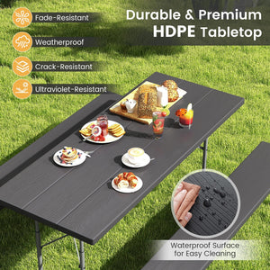Folding Picnic Table Set with Metal Frame and All-Weather HDPE Tabletop, Umbrella Hole-Black view 6