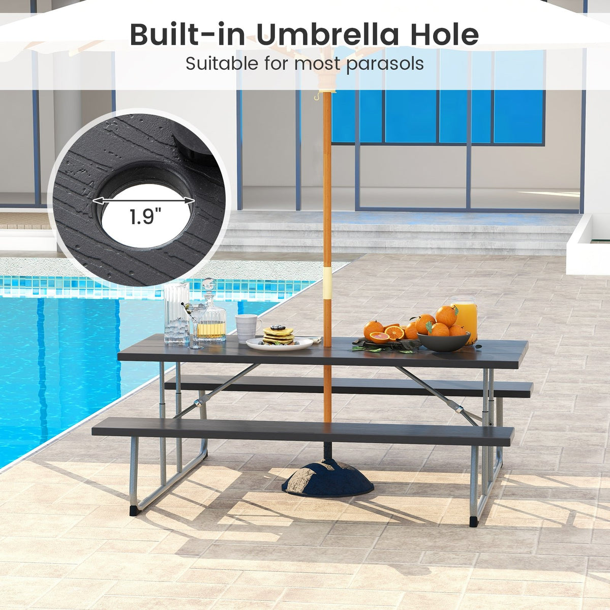 Folding Picnic Table Set with Metal Frame and All-Weather HDPE Tabletop, Umbrella Hole-Black view 8