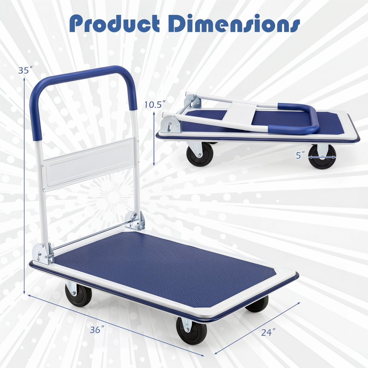 Folding Platform Hand Truck with 4 Wheels & Collapsible Bed for Moving Warehouse-Blue view 5