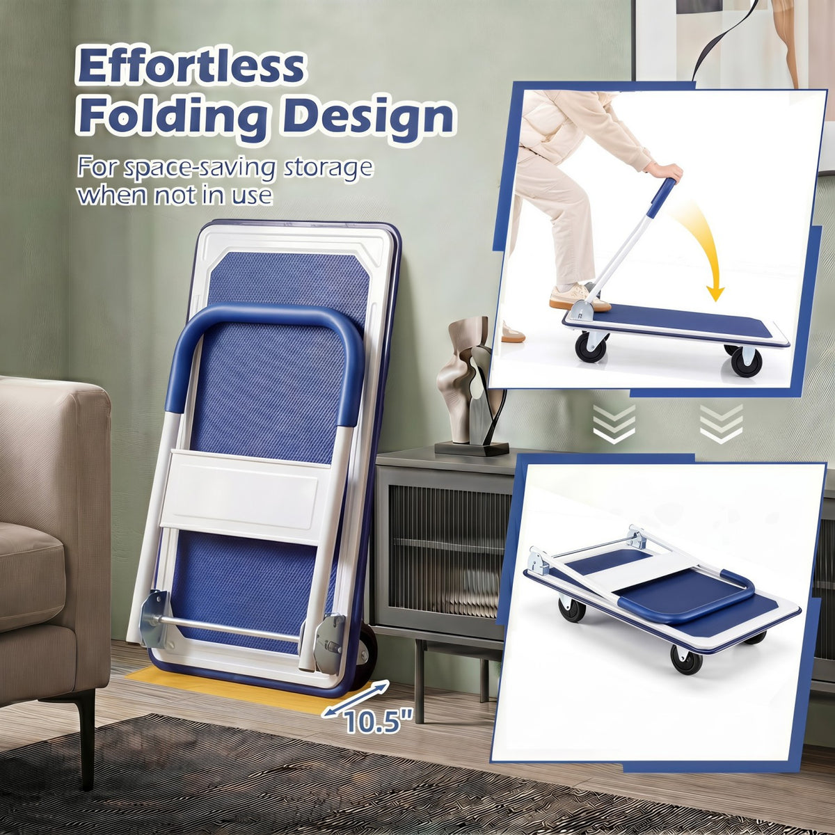 Folding Platform Hand Truck with 4 Wheels & Collapsible Bed for Moving Warehouse-Blue view 8