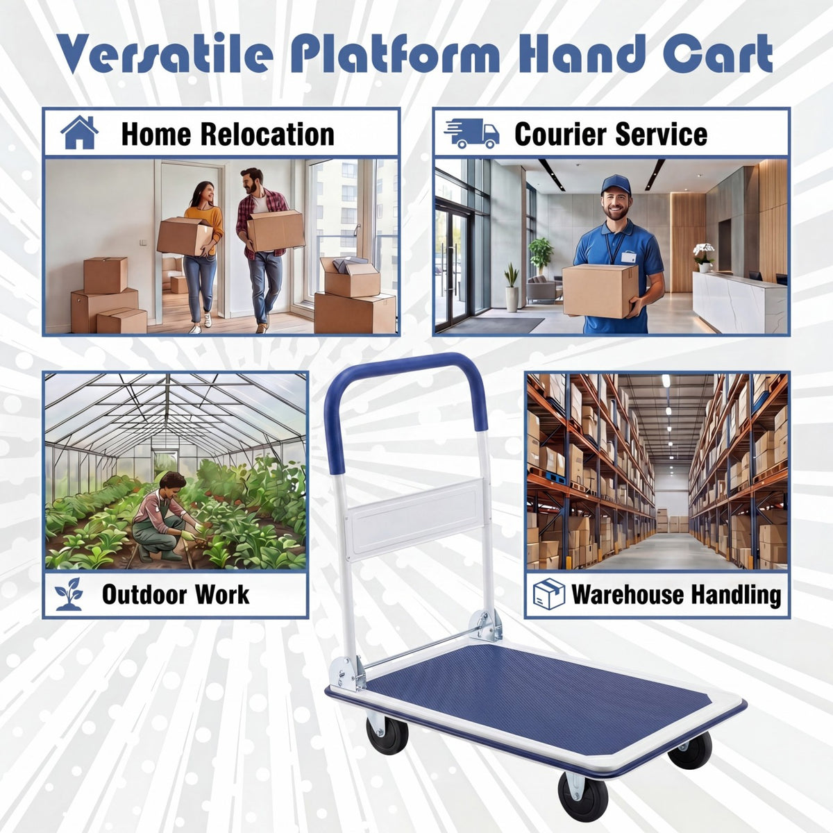 Folding Platform Hand Truck with 4 Wheels & Collapsible Bed for Moving Warehouse-Blue view 9