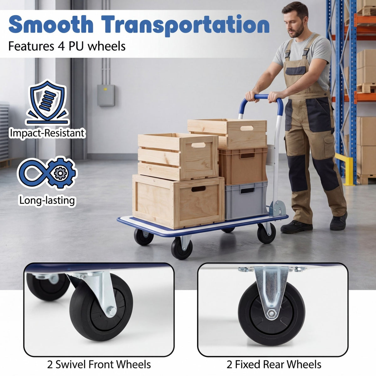 Folding Platform Hand Truck with Collapsible Bed & 4 Wheels for Moving Warehouse-Blue view 6