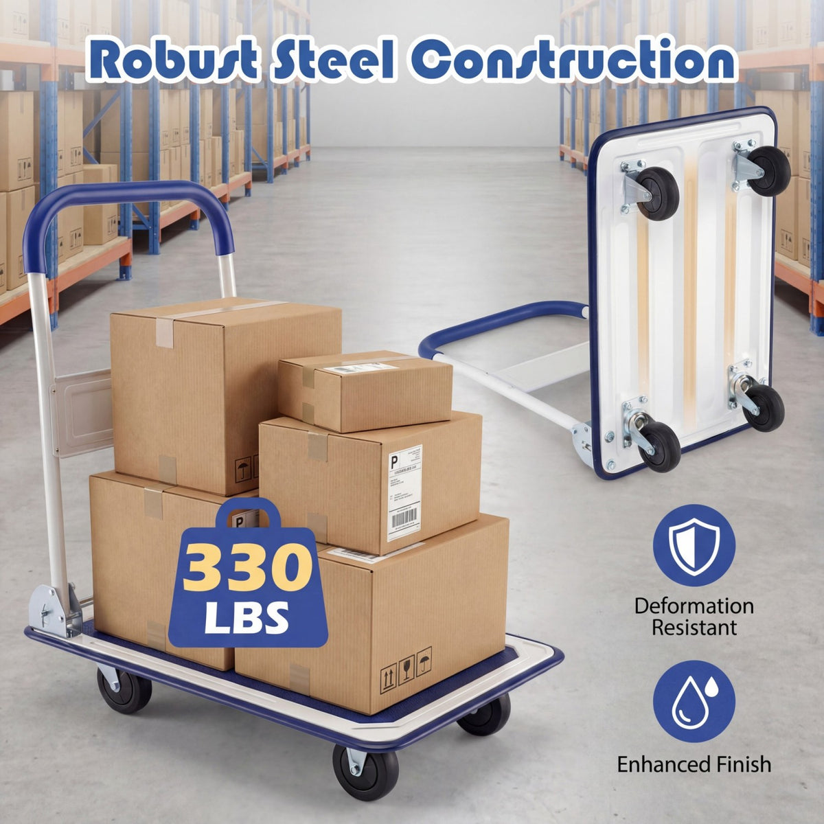 Folding Platform Hand Truck with Collapsible Bed & 4 Wheels for Moving Warehouse-Blue view 7